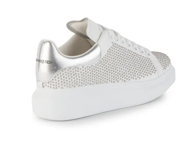 Alexander McQueen White Silver Studded Metallic Leather Platform Sneakers