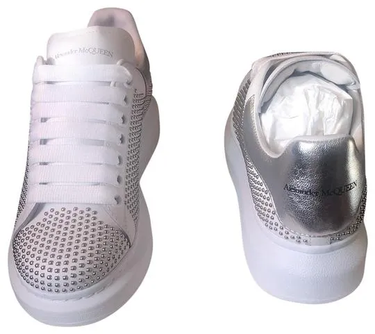 Alexander McQueen White Silver Studded Metallic Leather Platform Sneakers