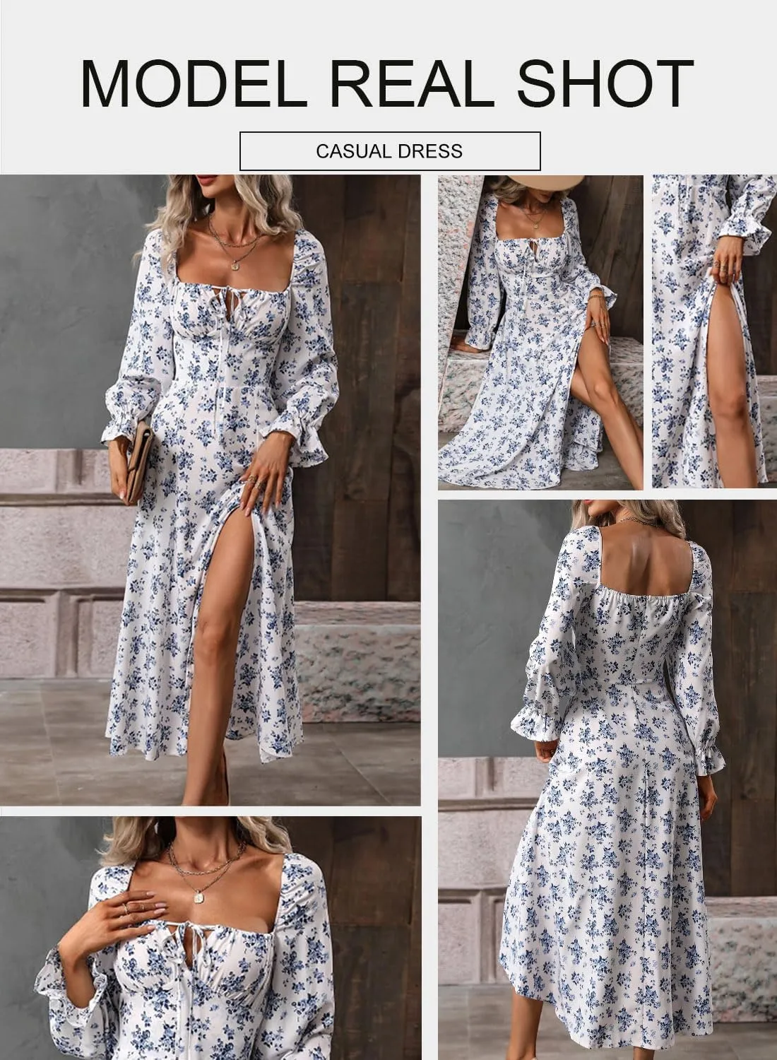 BLENCOT Casual Women's Square Neck Long Sleeve Split Thigh Dress Boho Floral Print A-line Tie Front Midi Dresses