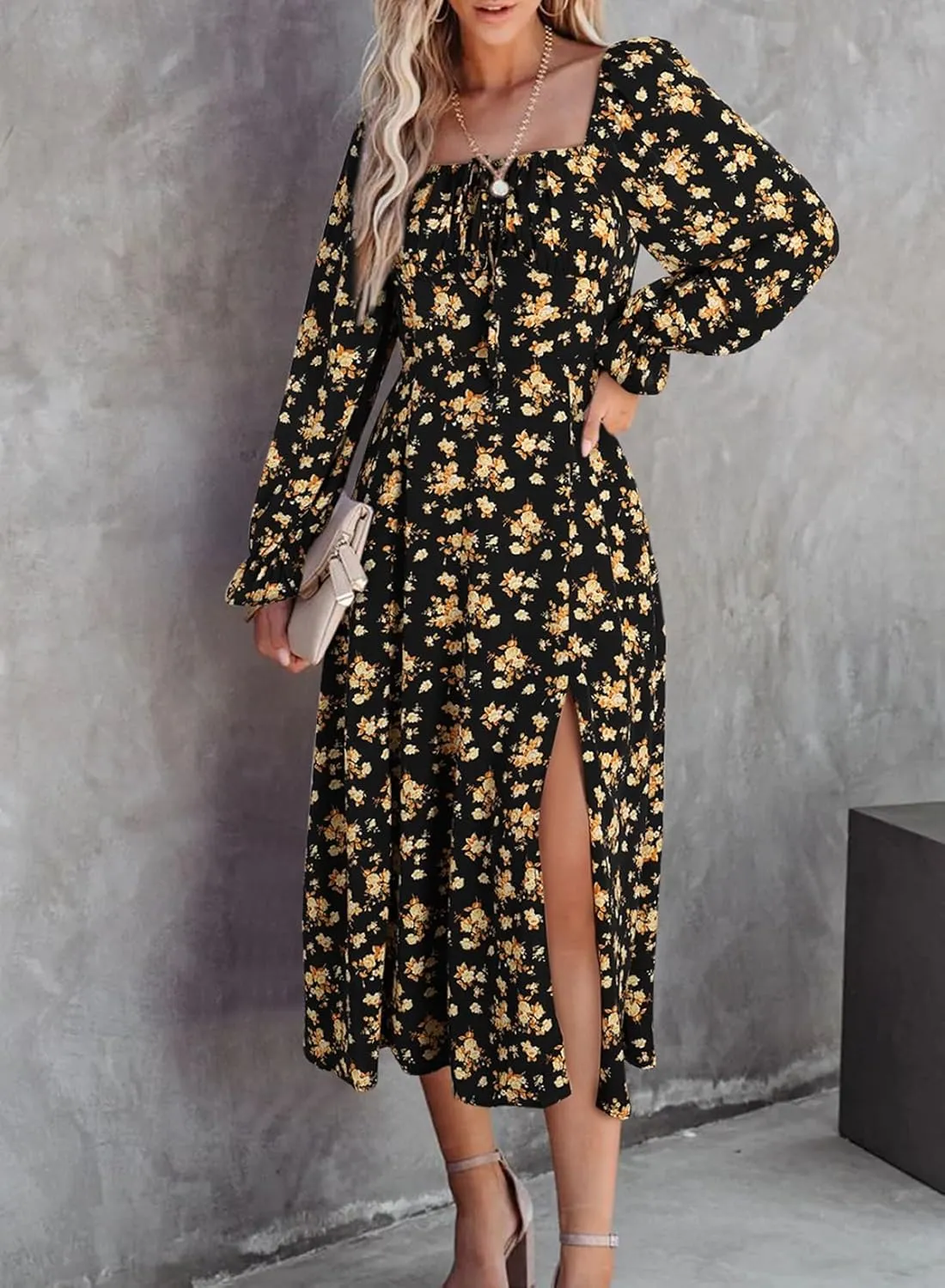 BLENCOT Casual Women's Square Neck Long Sleeve Split Thigh Dress Boho Floral Print A-line Tie Front Midi Dresses