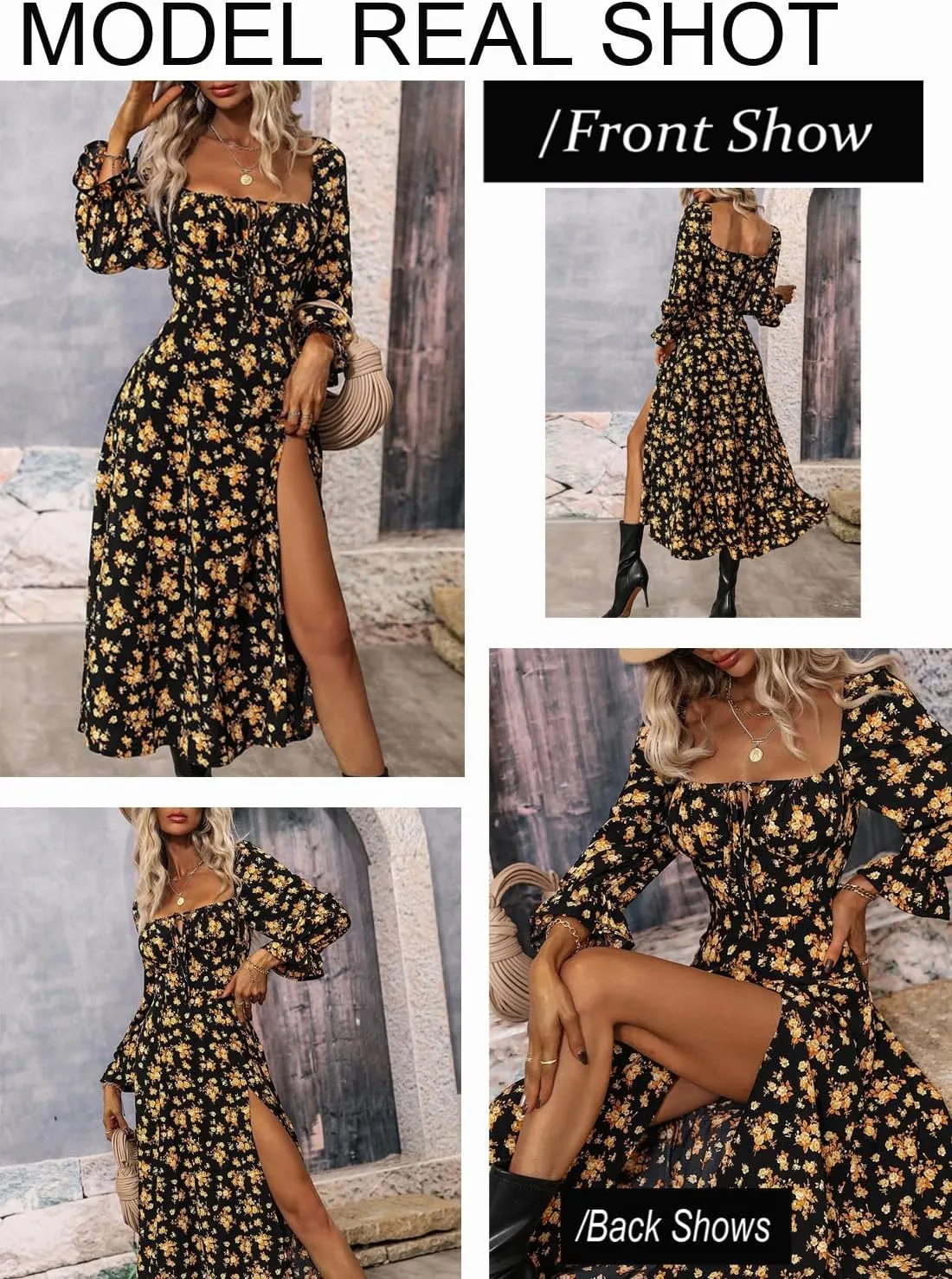 BLENCOT Casual Women's Square Neck Long Sleeve Split Thigh Dress Boho Floral Print A-line Tie Front Midi Dresses