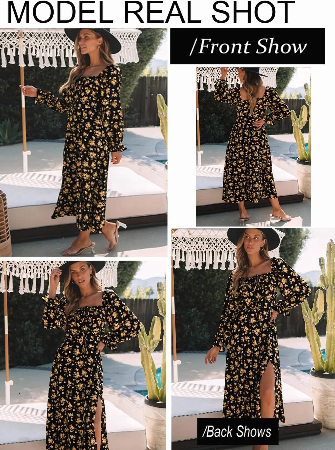 BLENCOT Casual Women's Square Neck Long Sleeve Split Thigh Dress Boho Floral Print A-line Tie Front Midi Dresses