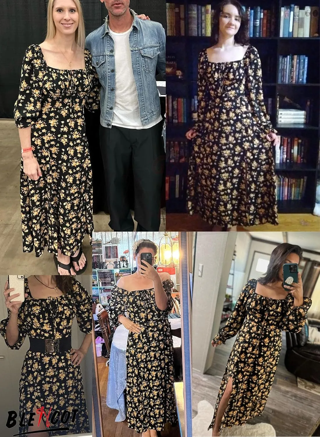 BLENCOT Casual Women's Square Neck Long Sleeve Split Thigh Dress Boho Floral Print A-line Tie Front Midi Dresses