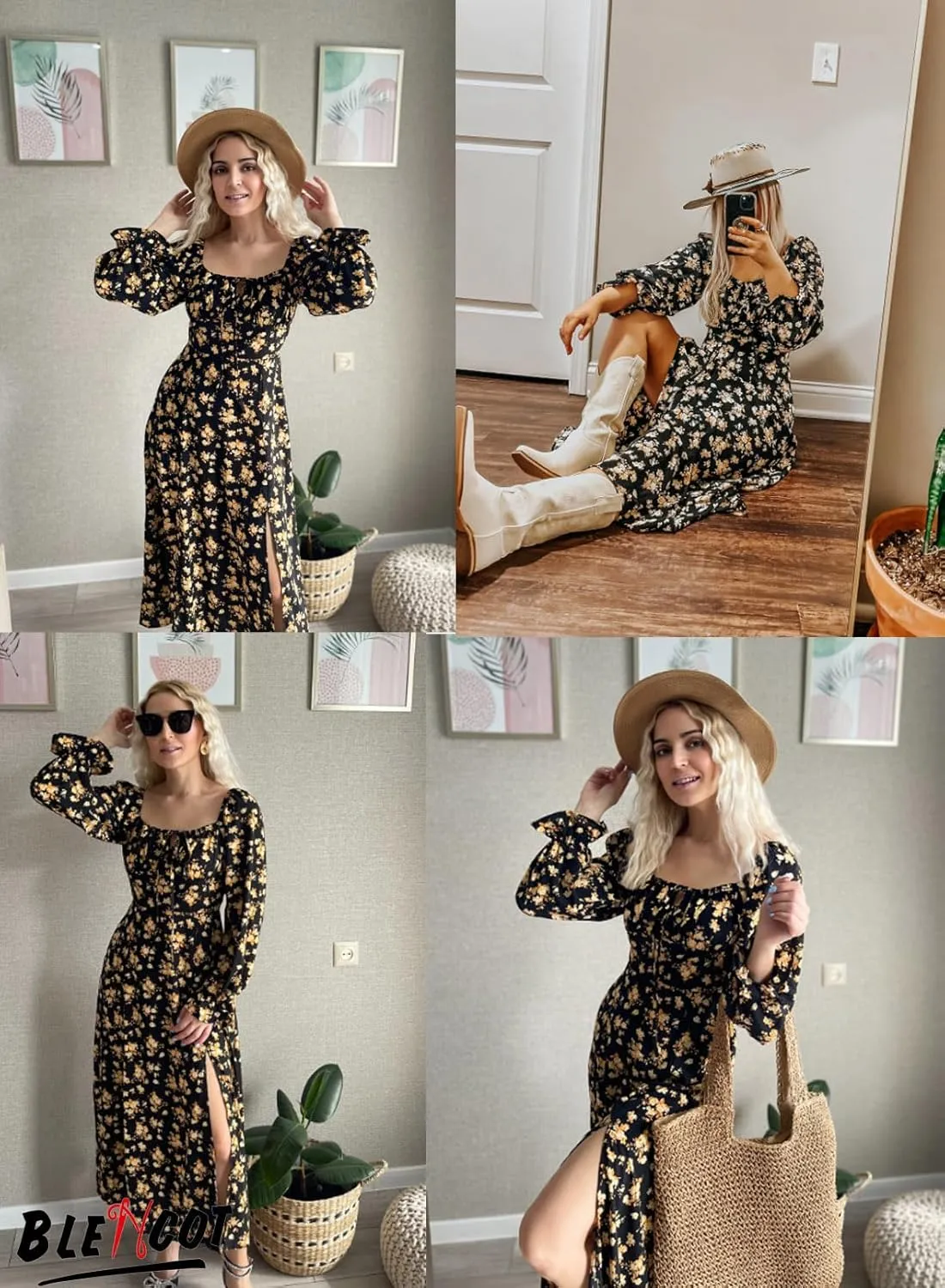 BLENCOT Casual Women's Square Neck Long Sleeve Split Thigh Dress Boho Floral Print A-line Tie Front Midi Dresses