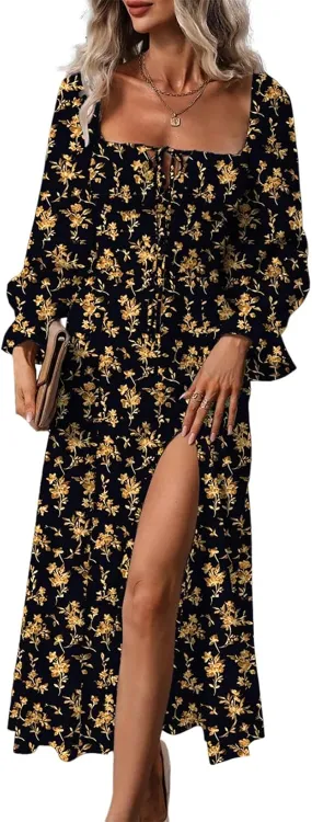 BLENCOT Casual Women's Square Neck Long Sleeve Split Thigh Dress Boho Floral Print A-line Tie Front Midi Dresses