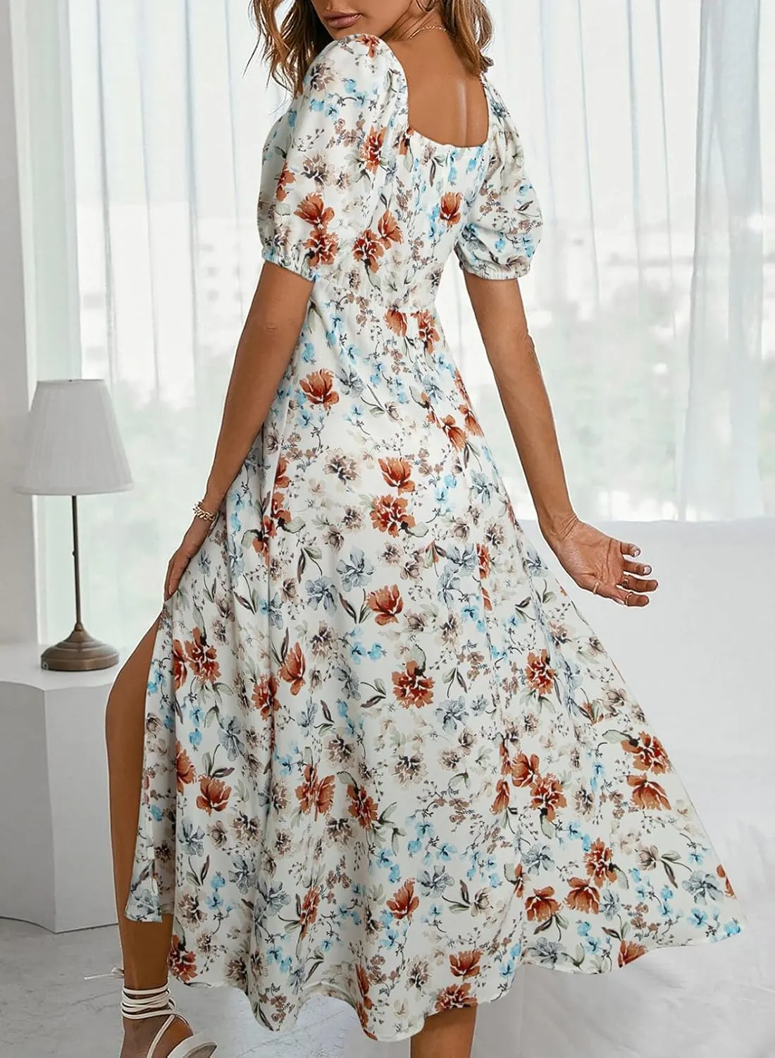 BLENCOT Womens Casual Summer Square Neck Short Sleeve Split Thigh Dress Boho Floral Print Tie Front Midi Dresses
