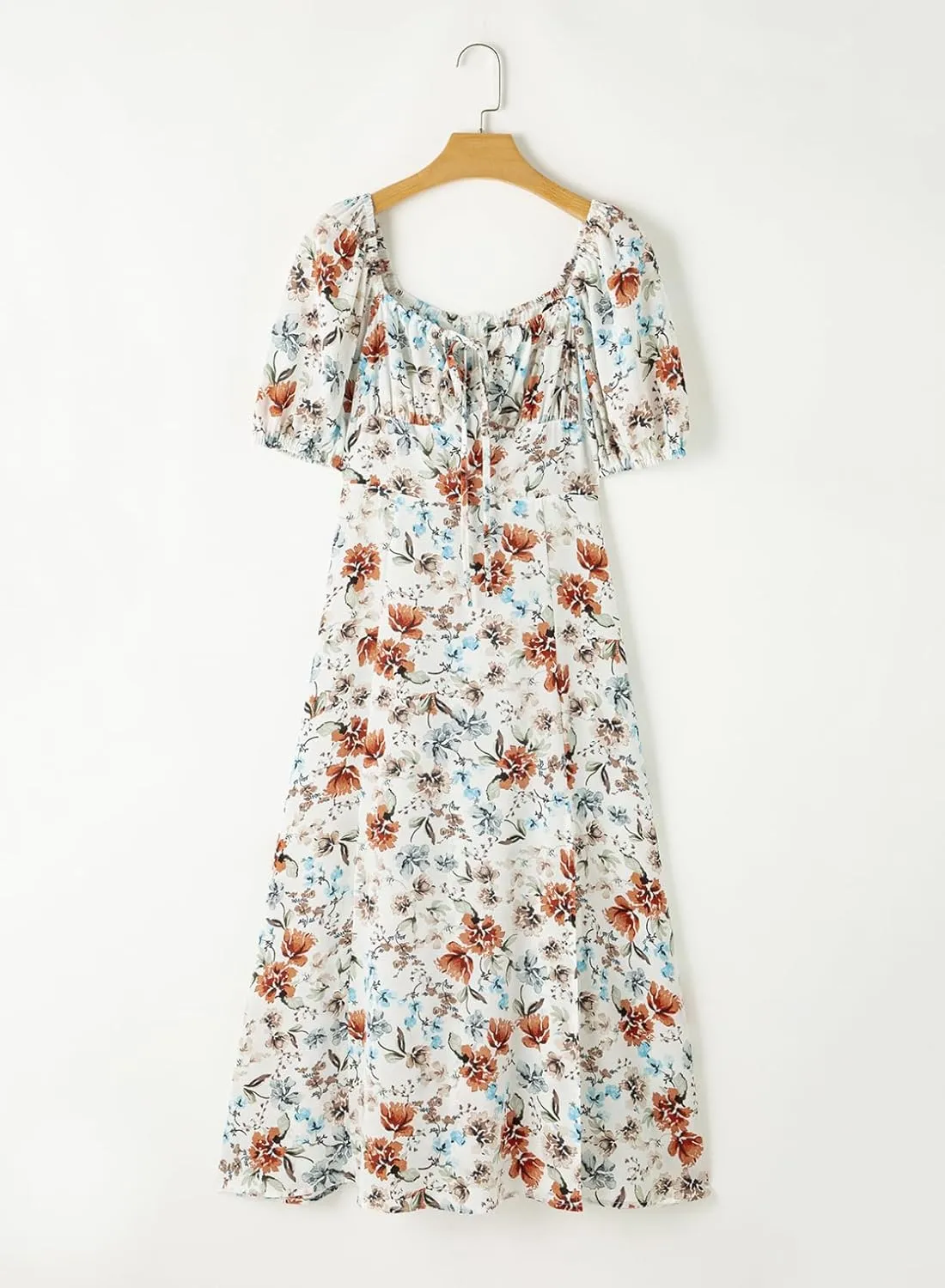 BLENCOT Womens Casual Summer Square Neck Short Sleeve Split Thigh Dress Boho Floral Print Tie Front Midi Dresses