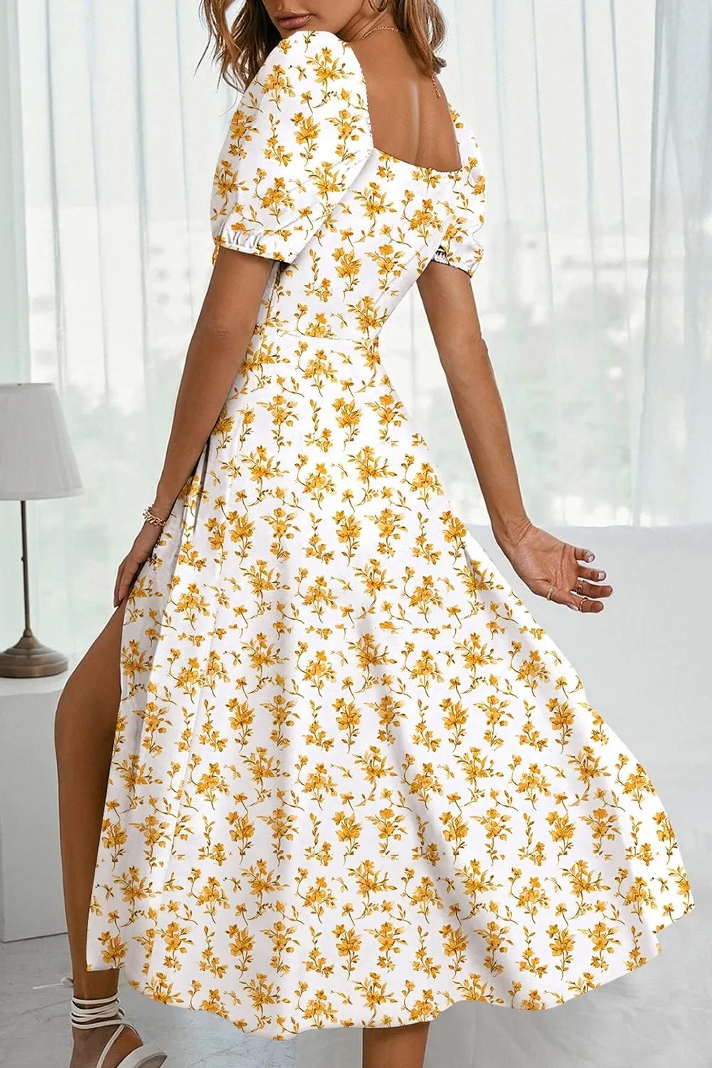 BLENCOT Womens Casual Summer Square Neck Short Sleeve Split Thigh Dress Boho Floral Print Tie Front Midi Dresses