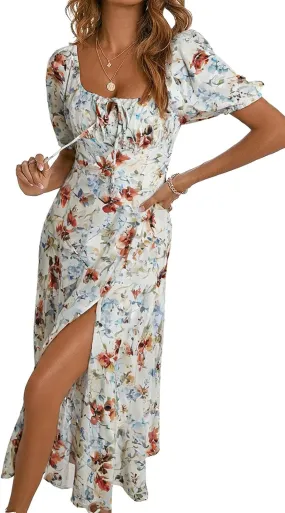 BLENCOT Womens Casual Summer Square Neck Short Sleeve Split Thigh Dress Boho Floral Print Tie Front Midi Dresses
