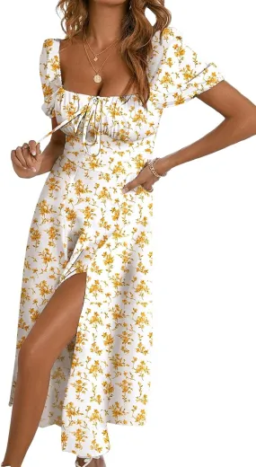 BLENCOT Womens Casual Summer Square Neck Short Sleeve Split Thigh Dress Boho Floral Print Tie Front Midi Dresses