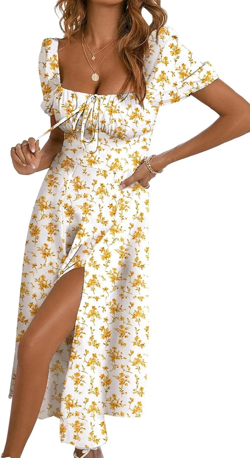 BLENCOT Womens Casual Summer Square Neck Short Sleeve Split Thigh Dress Boho Floral Print Tie Front Midi Dresses