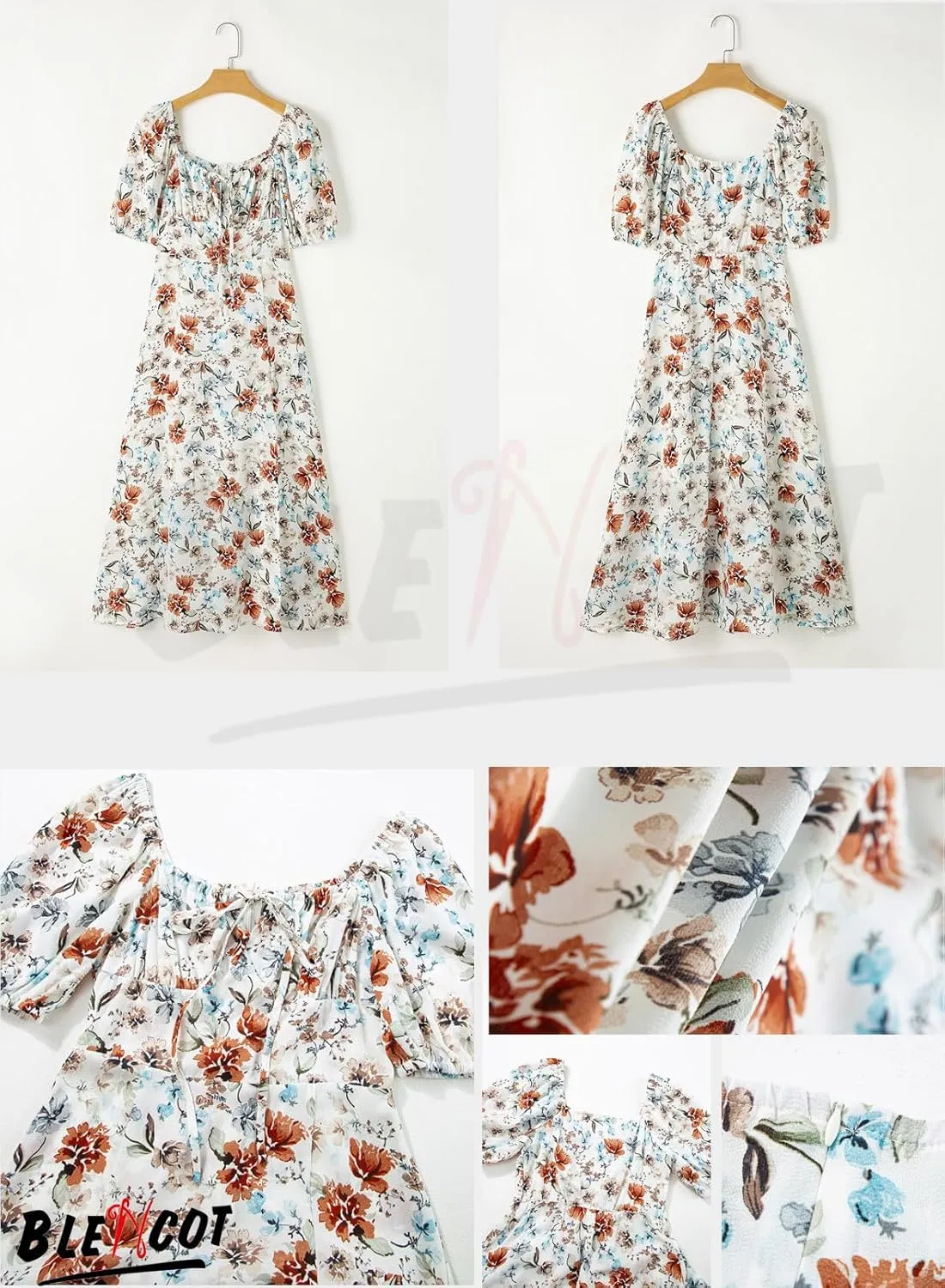 BLENCOT Womens Casual Summer Square Neck Short Sleeve Split Thigh Dress Boho Floral Print Tie Front Midi Dresses