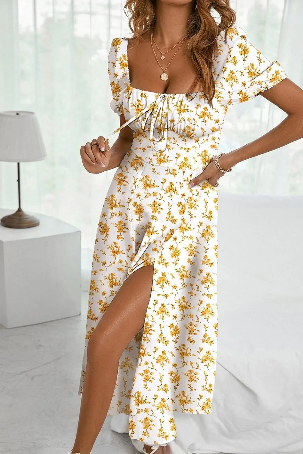 BLENCOT Womens Casual Summer Square Neck Short Sleeve Split Thigh Dress Boho Floral Print Tie Front Midi Dresses