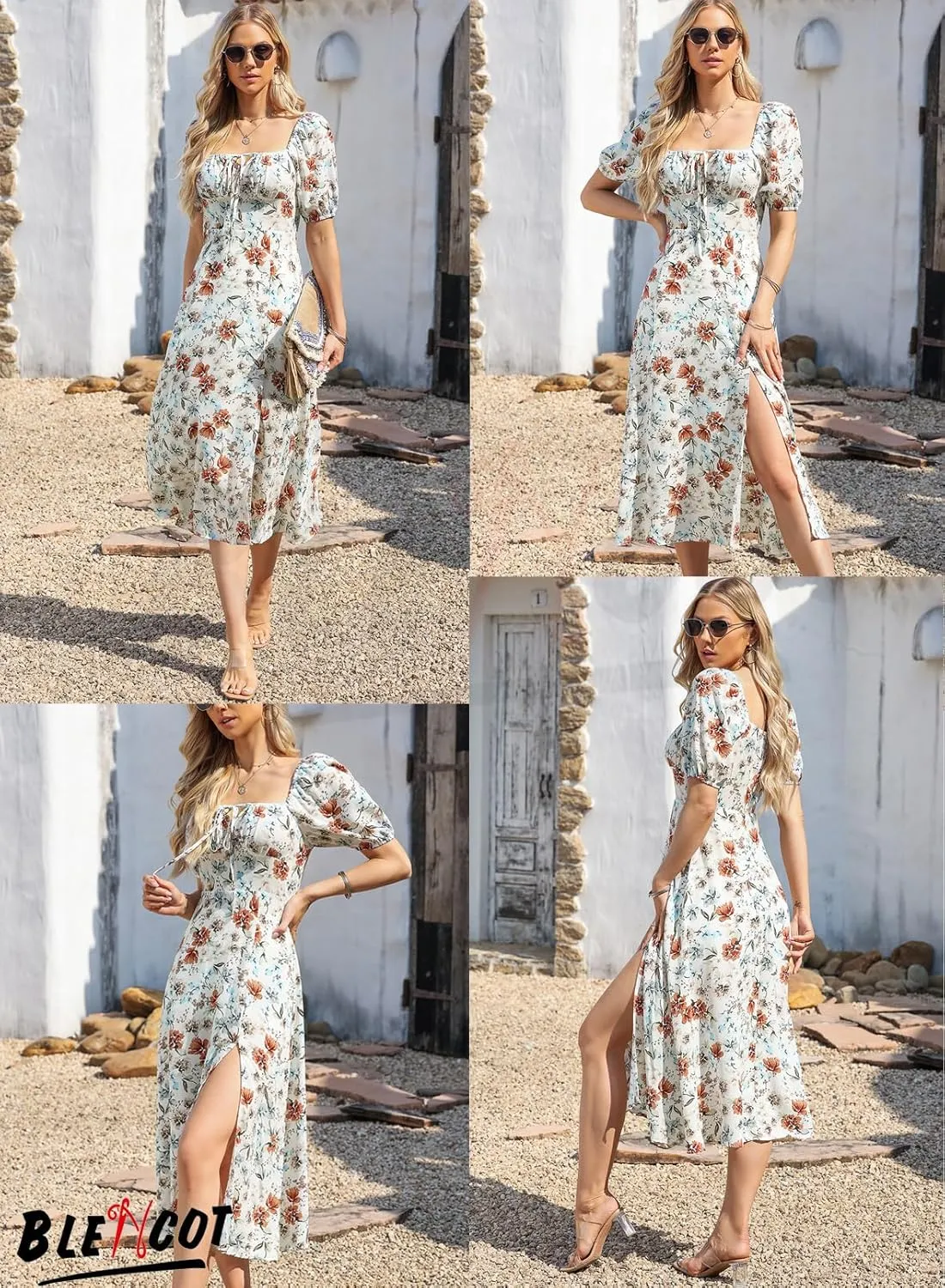 BLENCOT Womens Casual Summer Square Neck Short Sleeve Split Thigh Dress Boho Floral Print Tie Front Midi Dresses