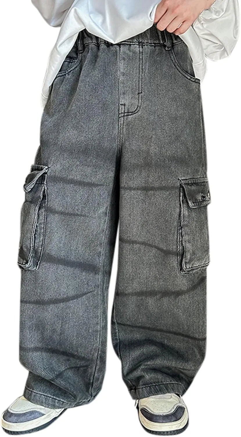 Boys Trendy Oversized Distressed Jeans Elastic Waist Jean Sweatpants with Pockets Causal Baggy Cargo Denim Pants