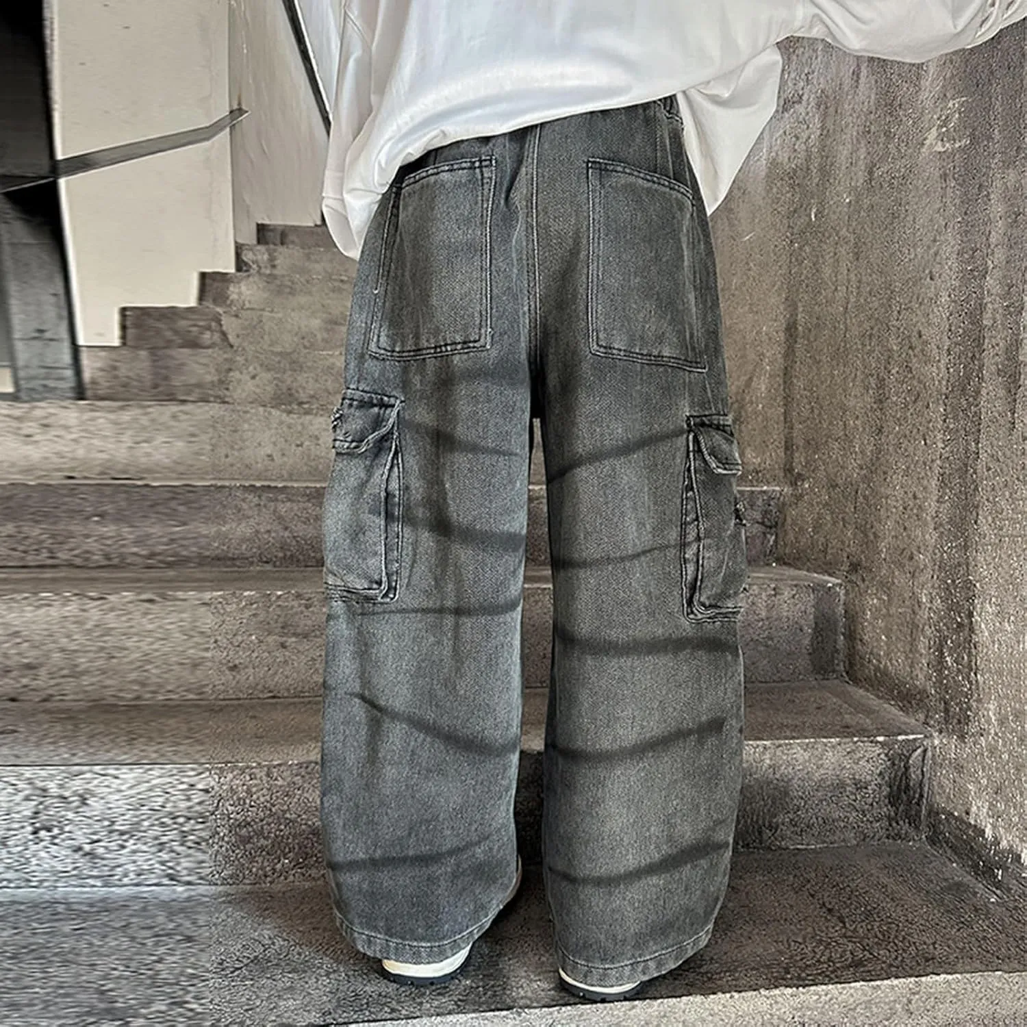 Boys Trendy Oversized Distressed Jeans Elastic Waist Jean Sweatpants with Pockets Causal Baggy Cargo Denim Pants