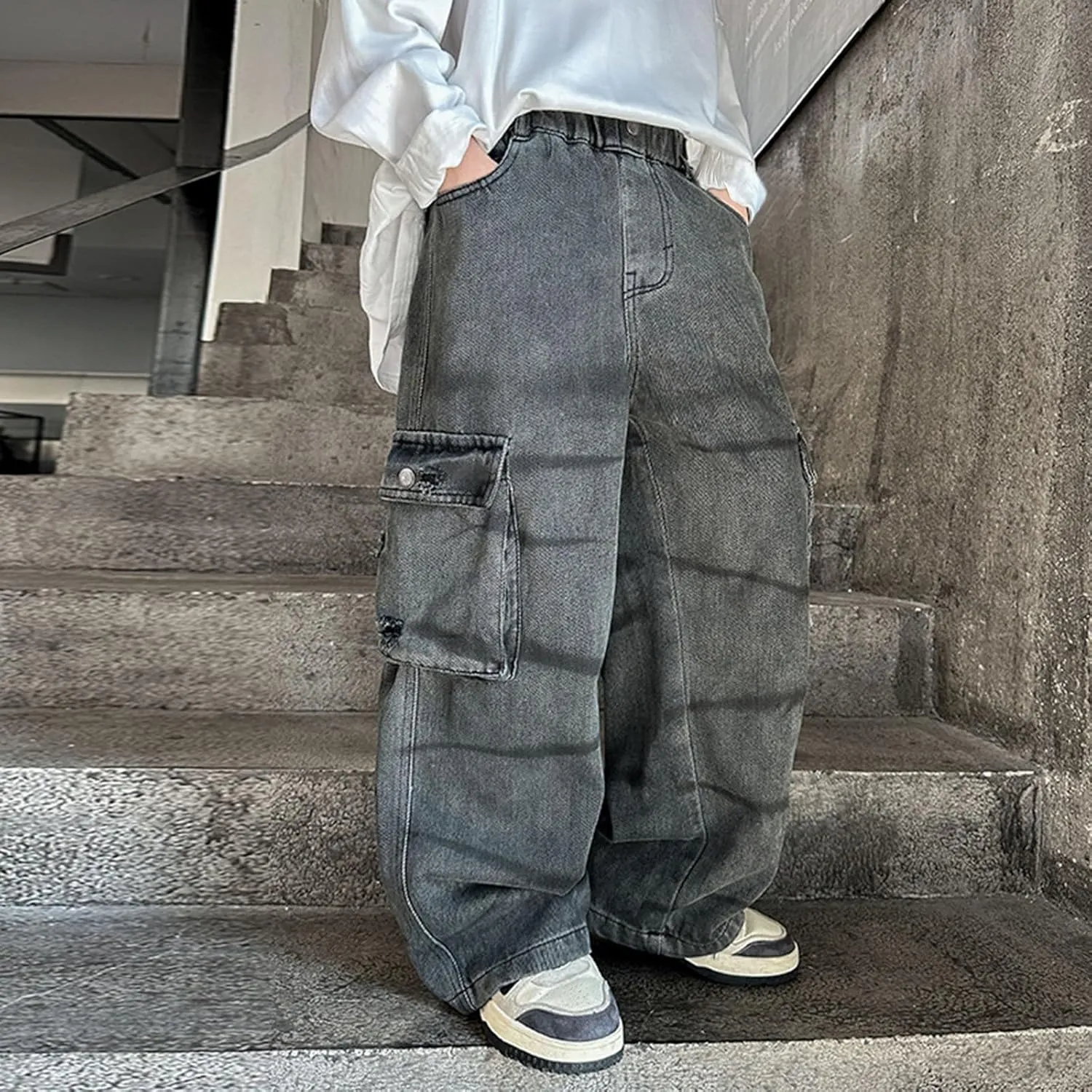 Boys Trendy Oversized Distressed Jeans Elastic Waist Jean Sweatpants with Pockets Causal Baggy Cargo Denim Pants