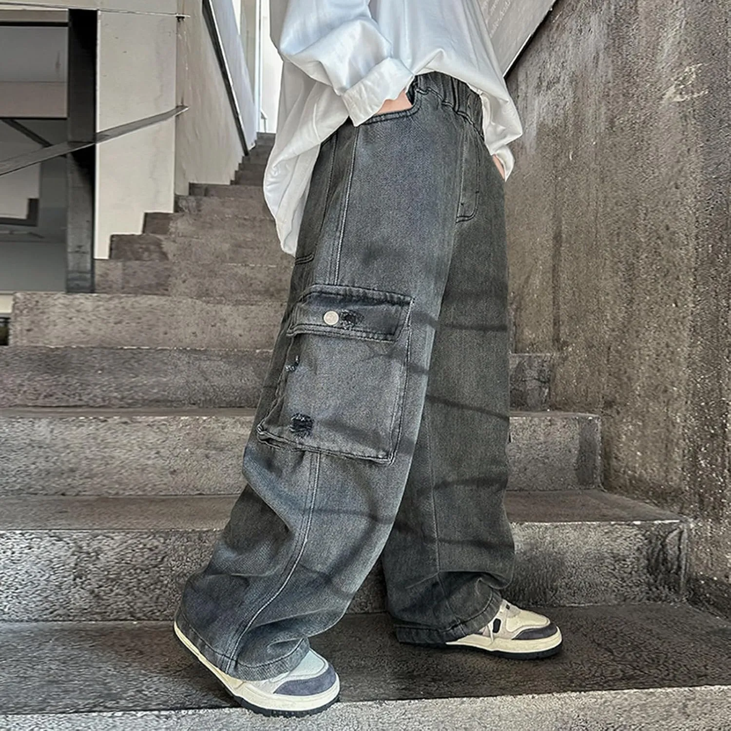 Boys Trendy Oversized Distressed Jeans Elastic Waist Jean Sweatpants with Pockets Causal Baggy Cargo Denim Pants