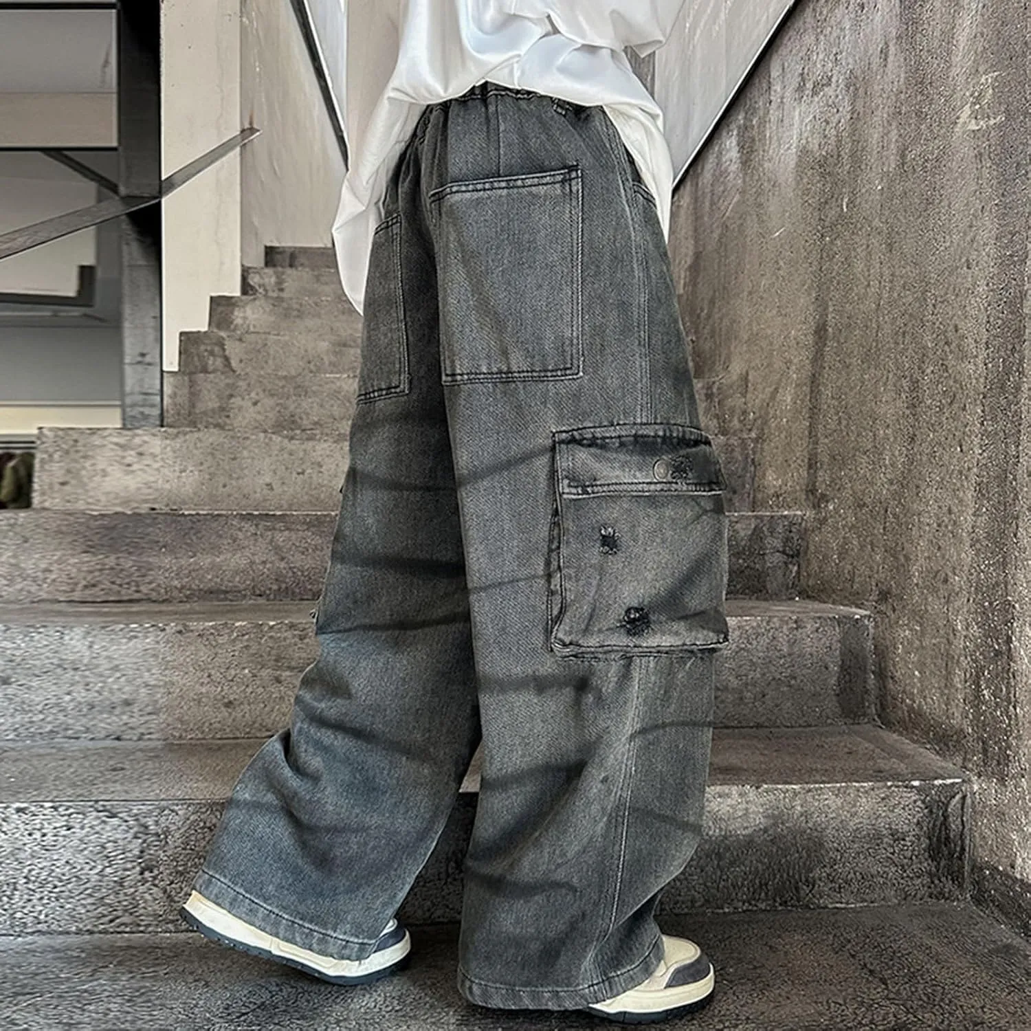 Boys Trendy Oversized Distressed Jeans Elastic Waist Jean Sweatpants with Pockets Causal Baggy Cargo Denim Pants