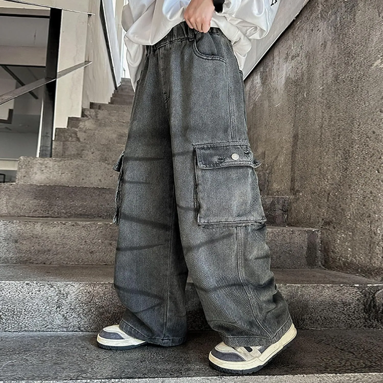 Boys Trendy Oversized Distressed Jeans Elastic Waist Jean Sweatpants with Pockets Causal Baggy Cargo Denim Pants
