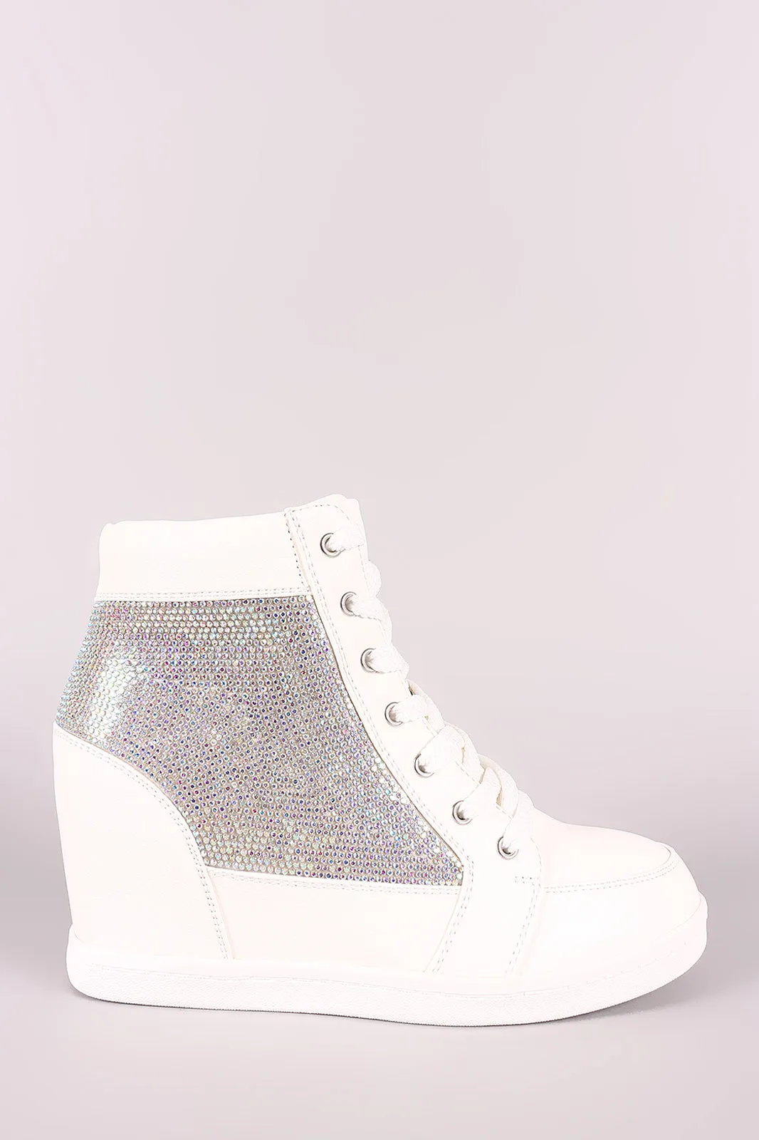 Cracked Metallic High Top Lace Up Wedge Sneaker