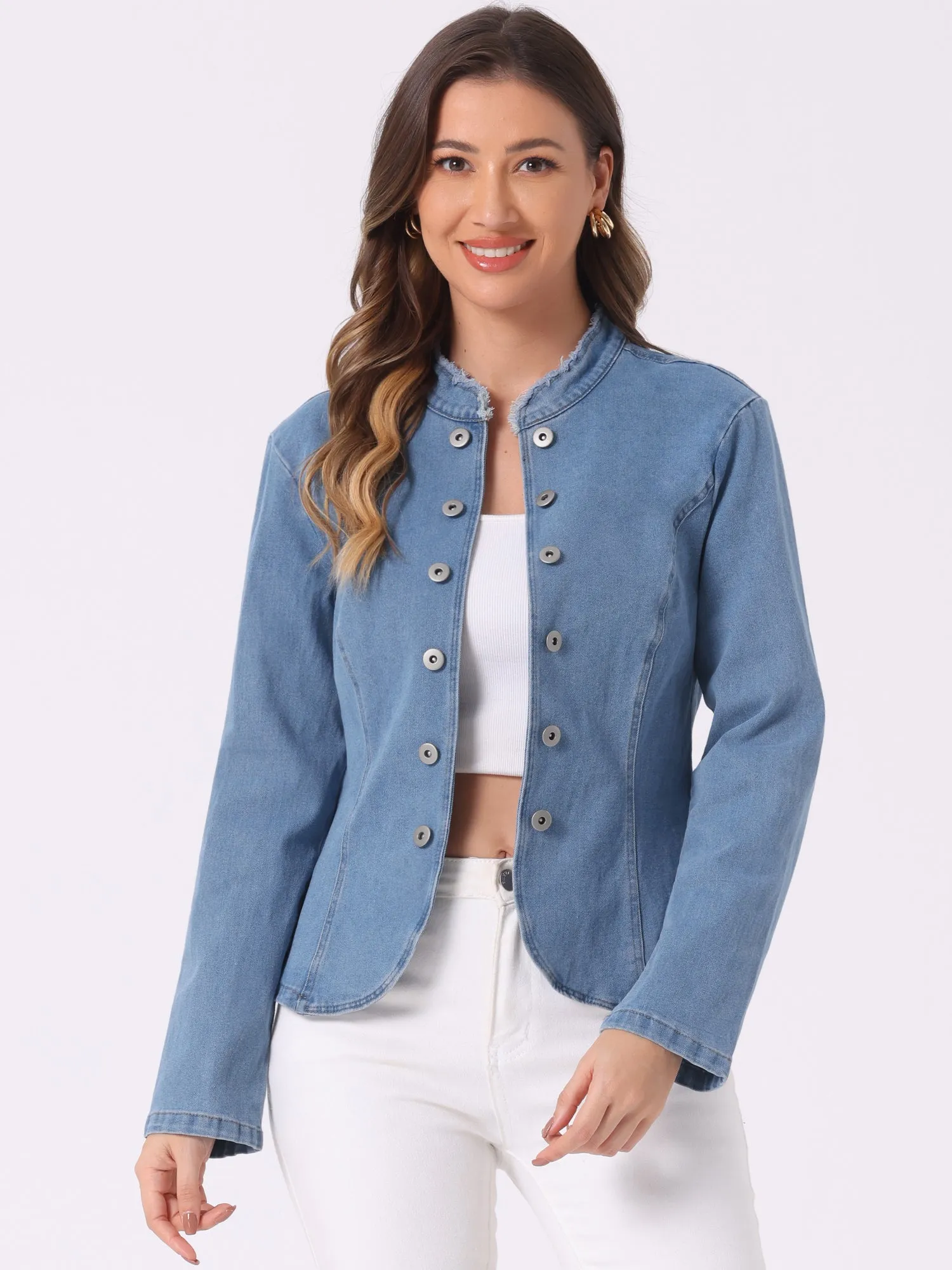 Denim Collarless Button Decor Open Front Jeans Jackets
