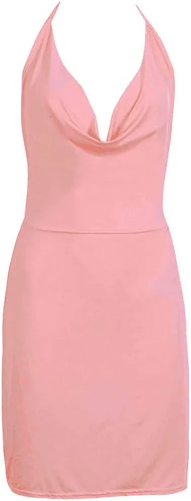 Fashion Women's Sexy Deep V-Neck Halter Backless Slit Mini Party Club Dress