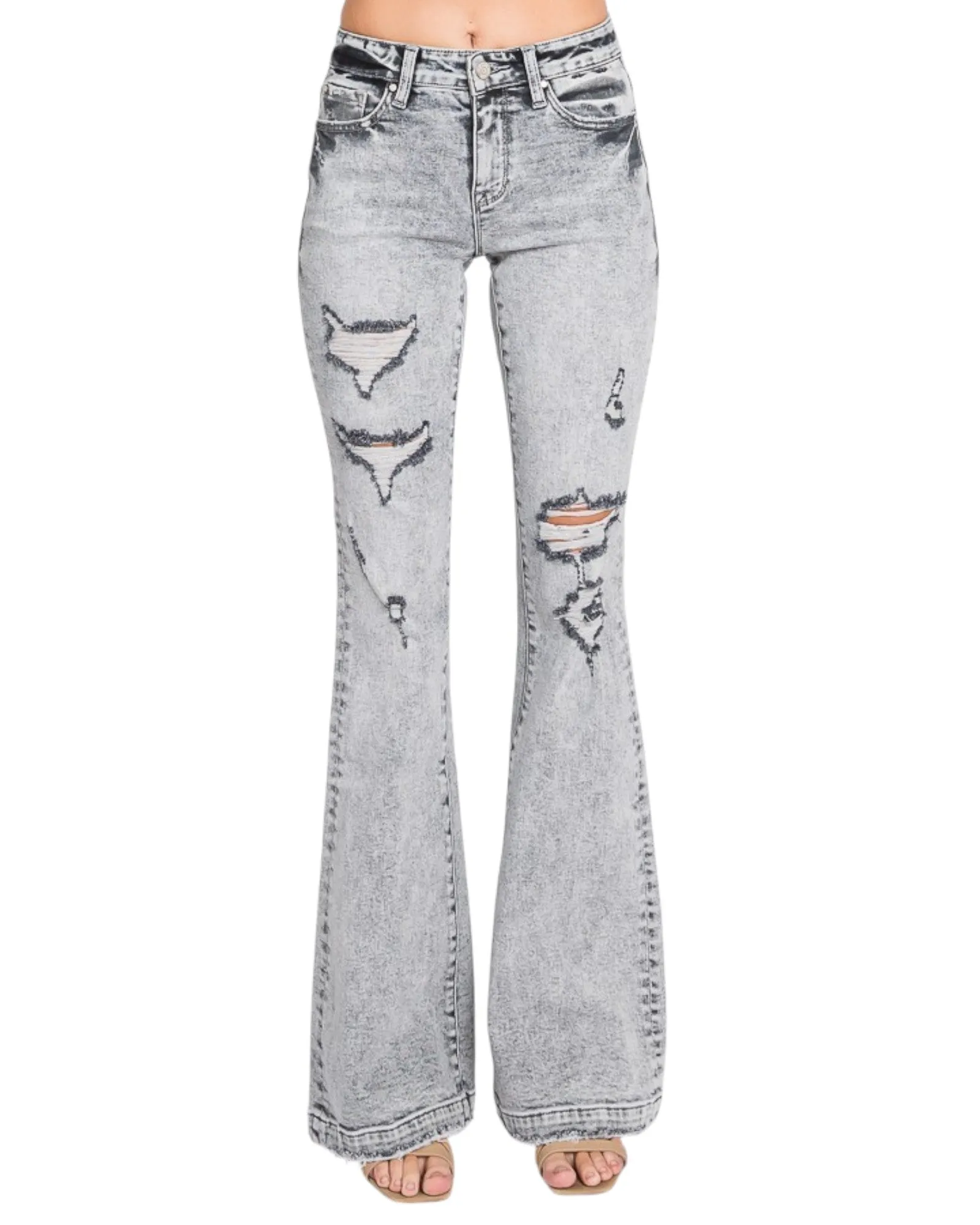 Grey Distressed Mid-Rise Stretch Flare Jeans