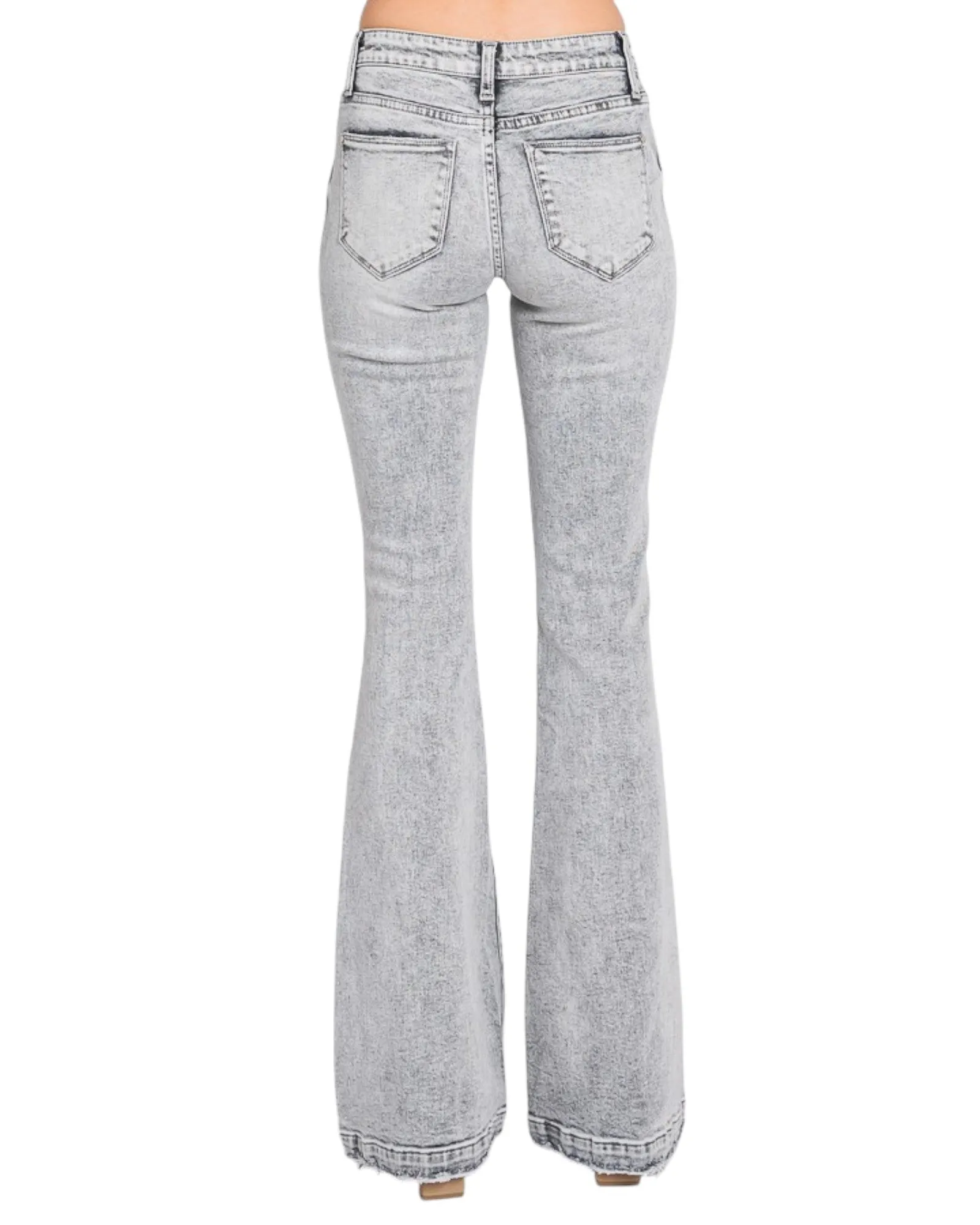 Grey Distressed Mid-Rise Stretch Flare Jeans