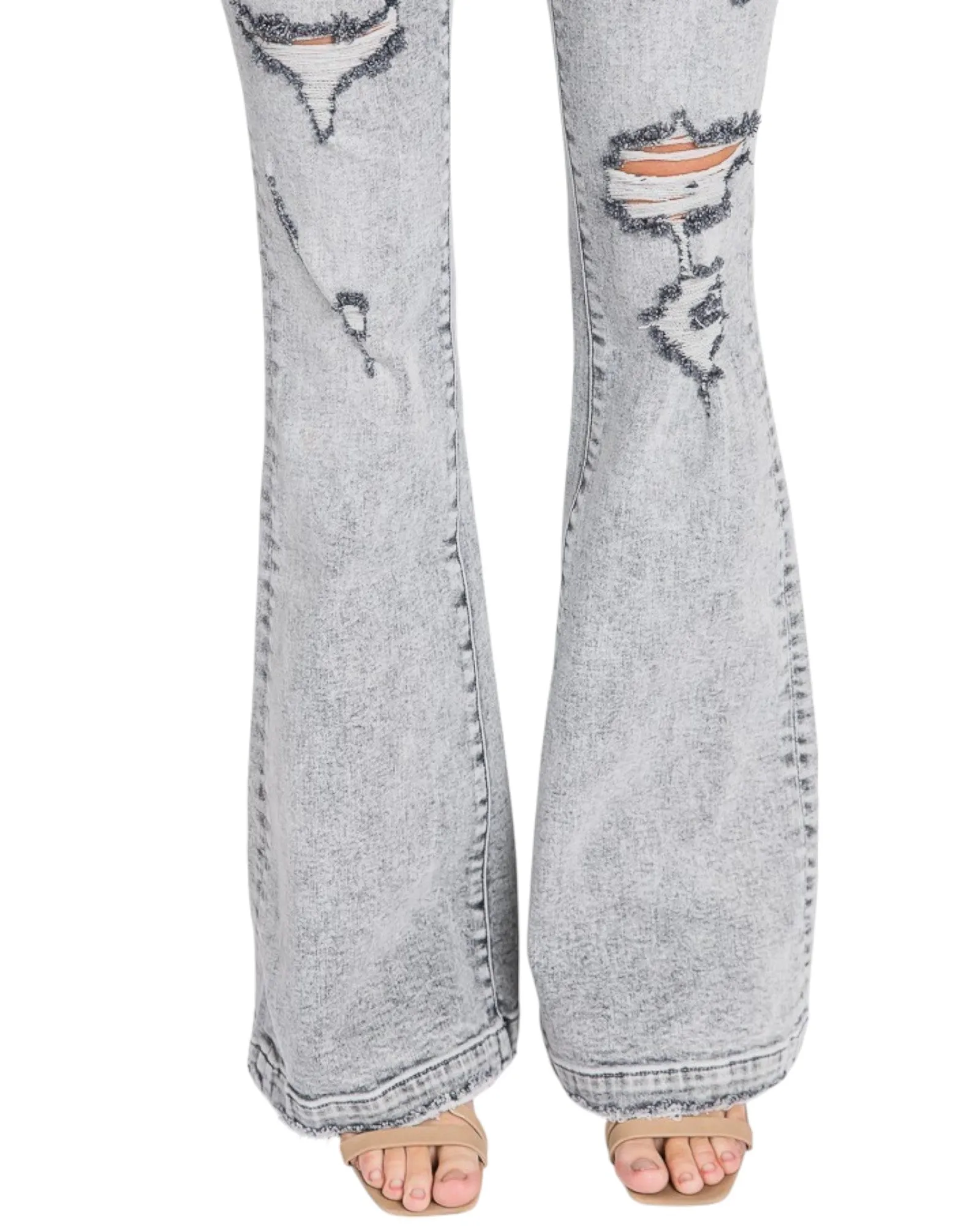 Grey Distressed Mid-Rise Stretch Flare Jeans