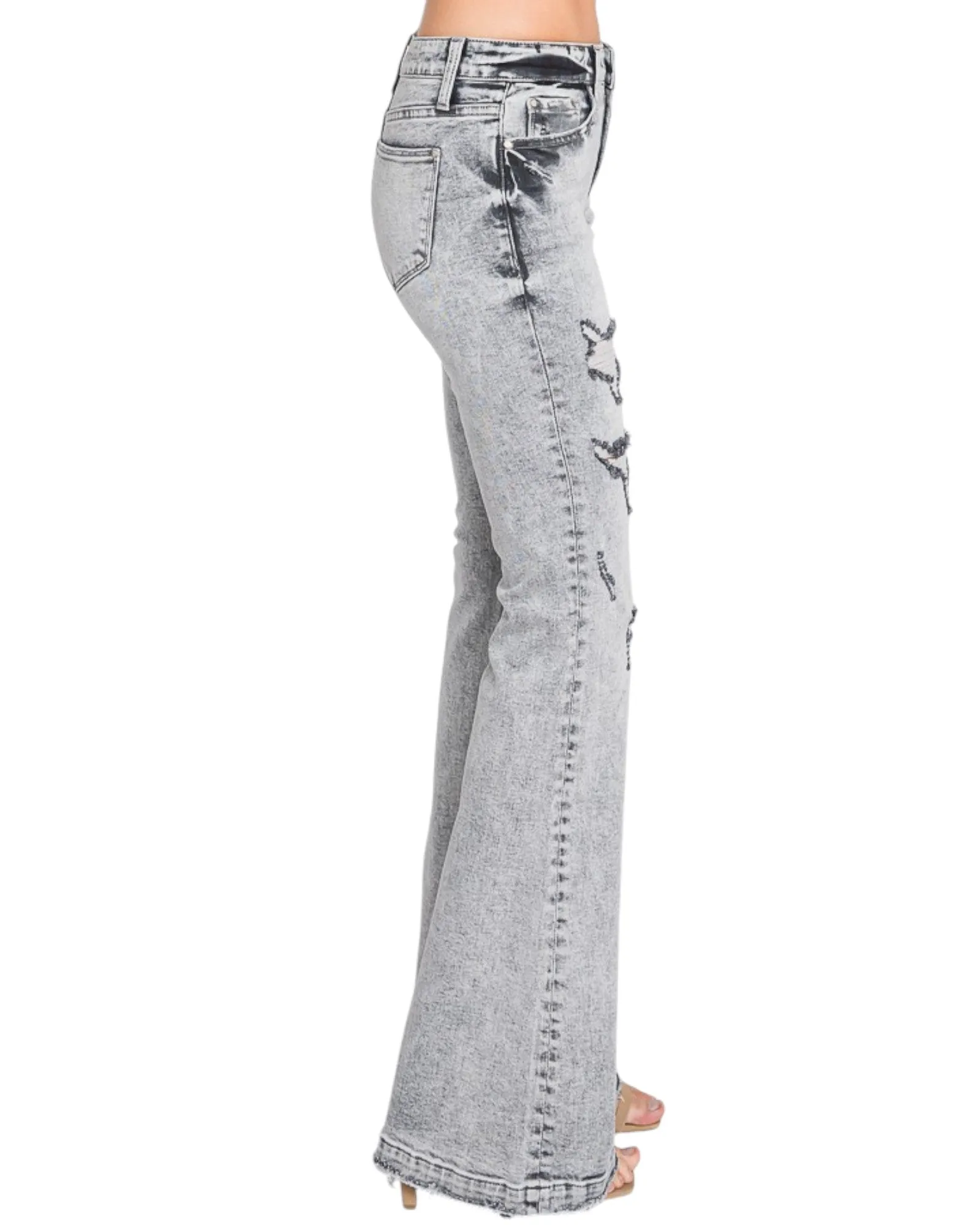 Grey Distressed Mid-Rise Stretch Flare Jeans
