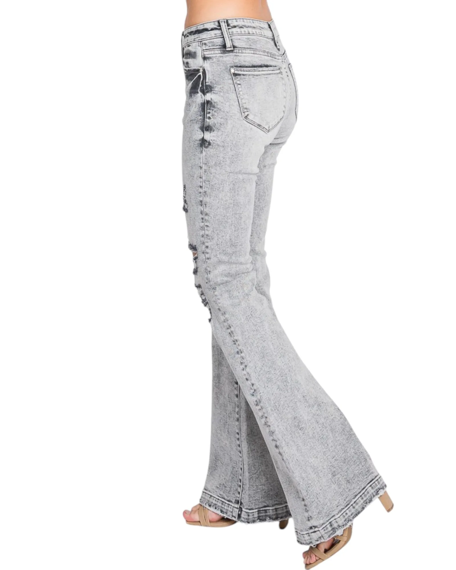 Grey Distressed Mid-Rise Stretch Flare Jeans