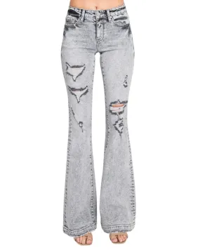 Grey Distressed Mid-Rise Stretch Flare Jeans