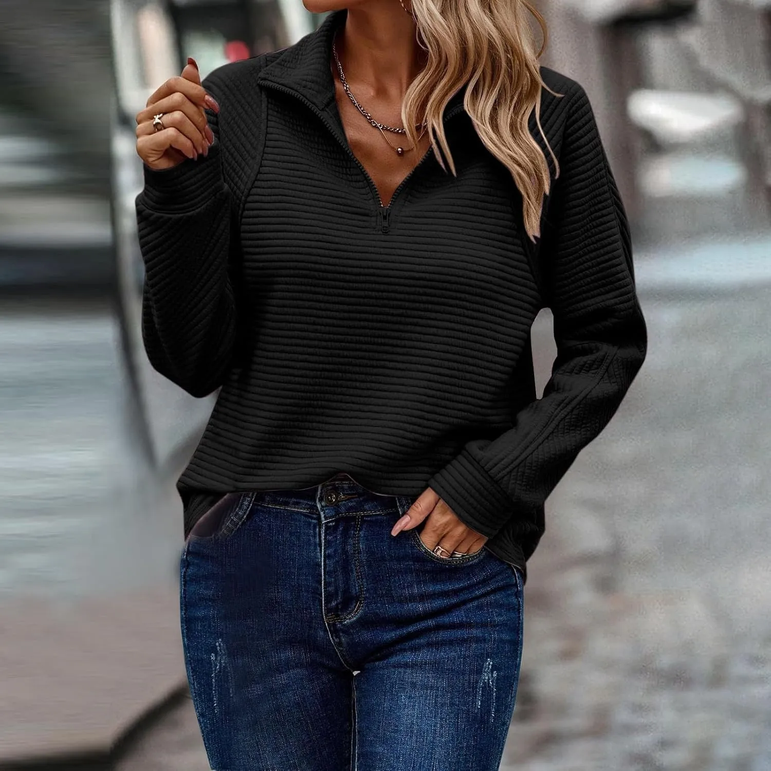 Half Zip Work Sweatshirts for Women Fall Trendy Lightweight Pullover Sweater Solid Color Slim Fit V Neck Pullover Top