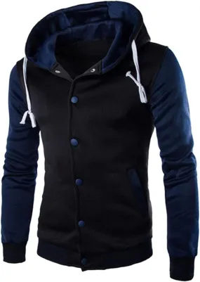 Hooded Varsity Jacket Men,Contrast Color Patchwork Baseball Jacket Button Slim Casual Sports Sweatshirts with Pocket