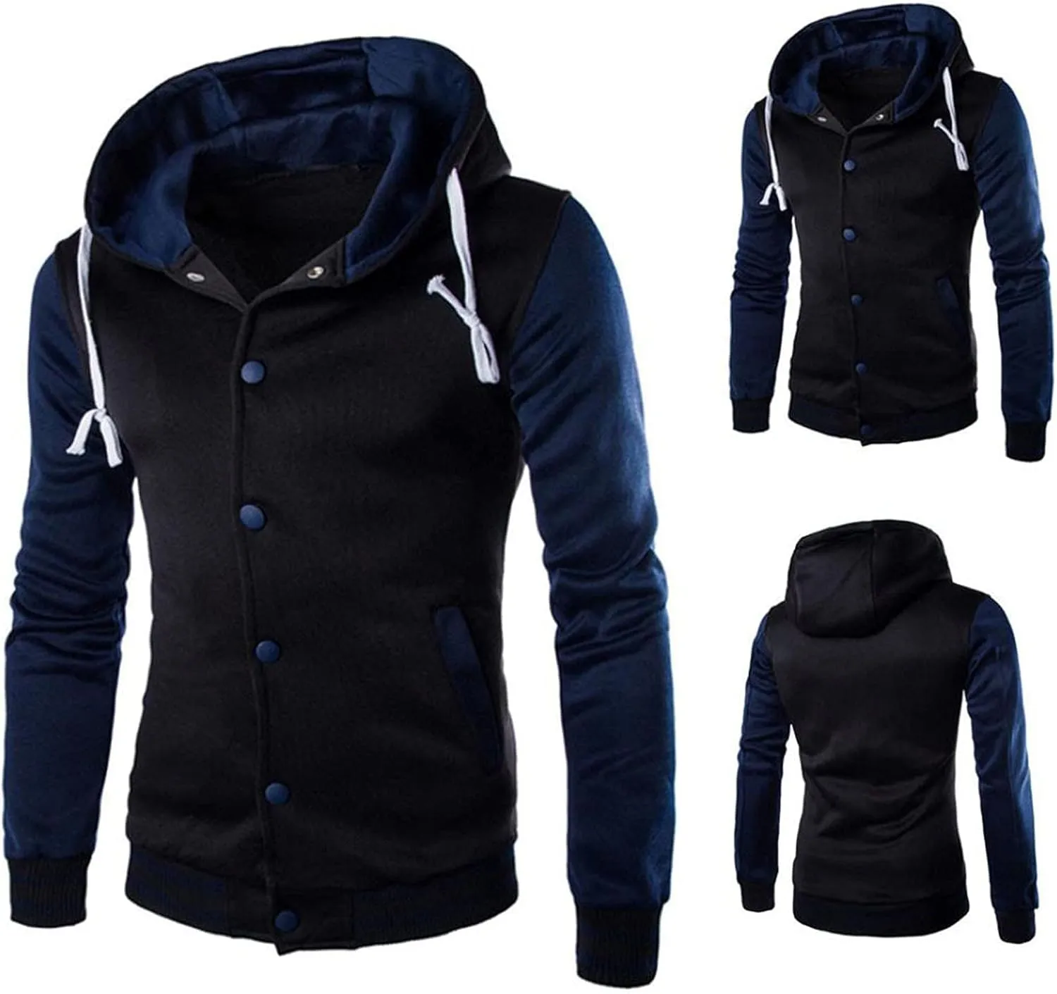 Hooded Varsity Jacket Men,Contrast Color Patchwork Baseball Jacket Button Slim Casual Sports Sweatshirts with Pocket