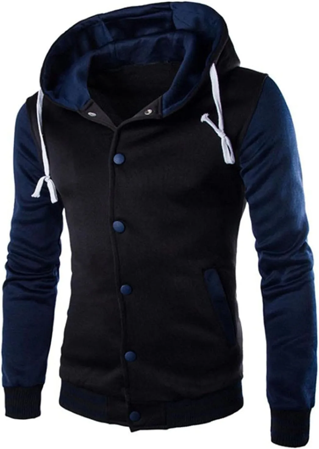 Hooded Varsity Jacket Men,Contrast Color Patchwork Baseball Jacket Button Slim Casual Sports Sweatshirts with Pocket