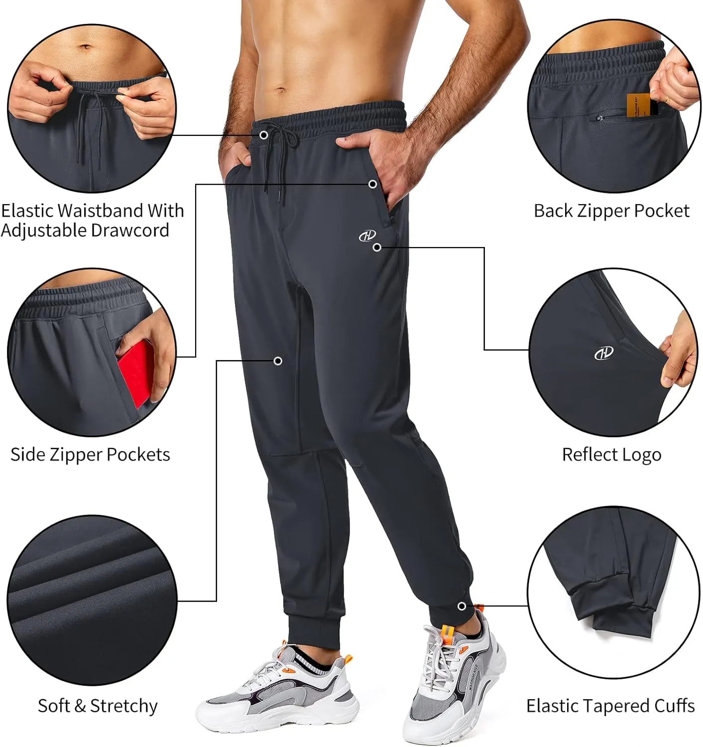 Hugut Men's Sweatpants Lightweight with Zipper Pockets Tapered Joggers Athletic Track Pants for Workout Running Training