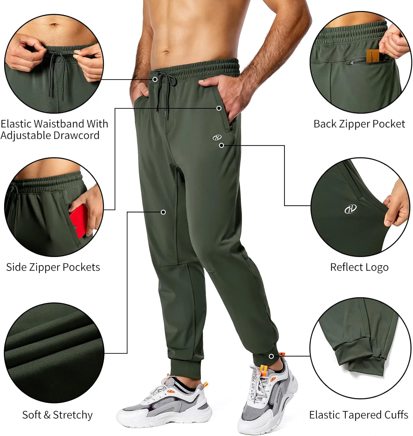 Hugut Men's Sweatpants Lightweight with Zipper Pockets Tapered Joggers Athletic Track Pants for Workout Running Training