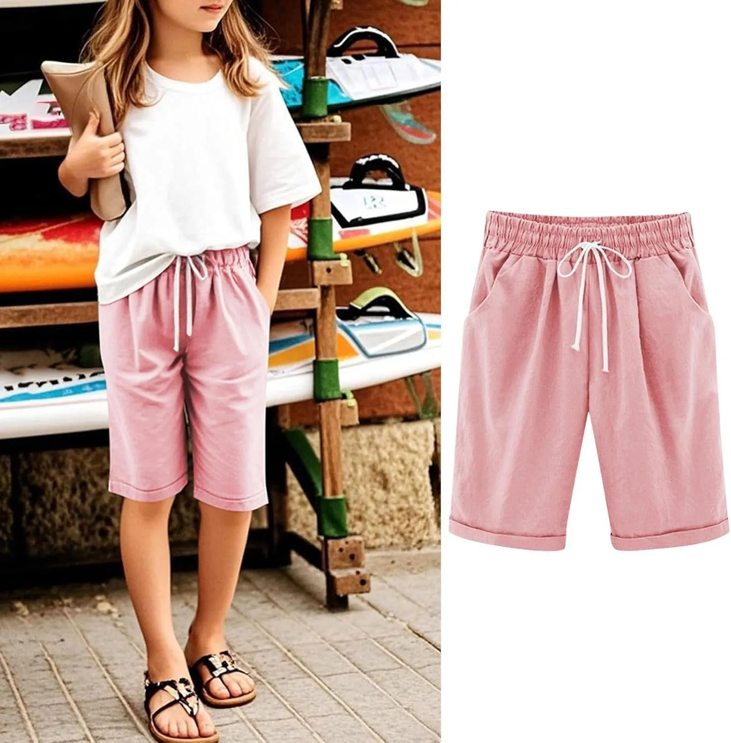 Kids Teens Girls Elastic Waist Knee Length Casual Cotton Shorts with 𝐃rawstring Leisure Joggers Trousers