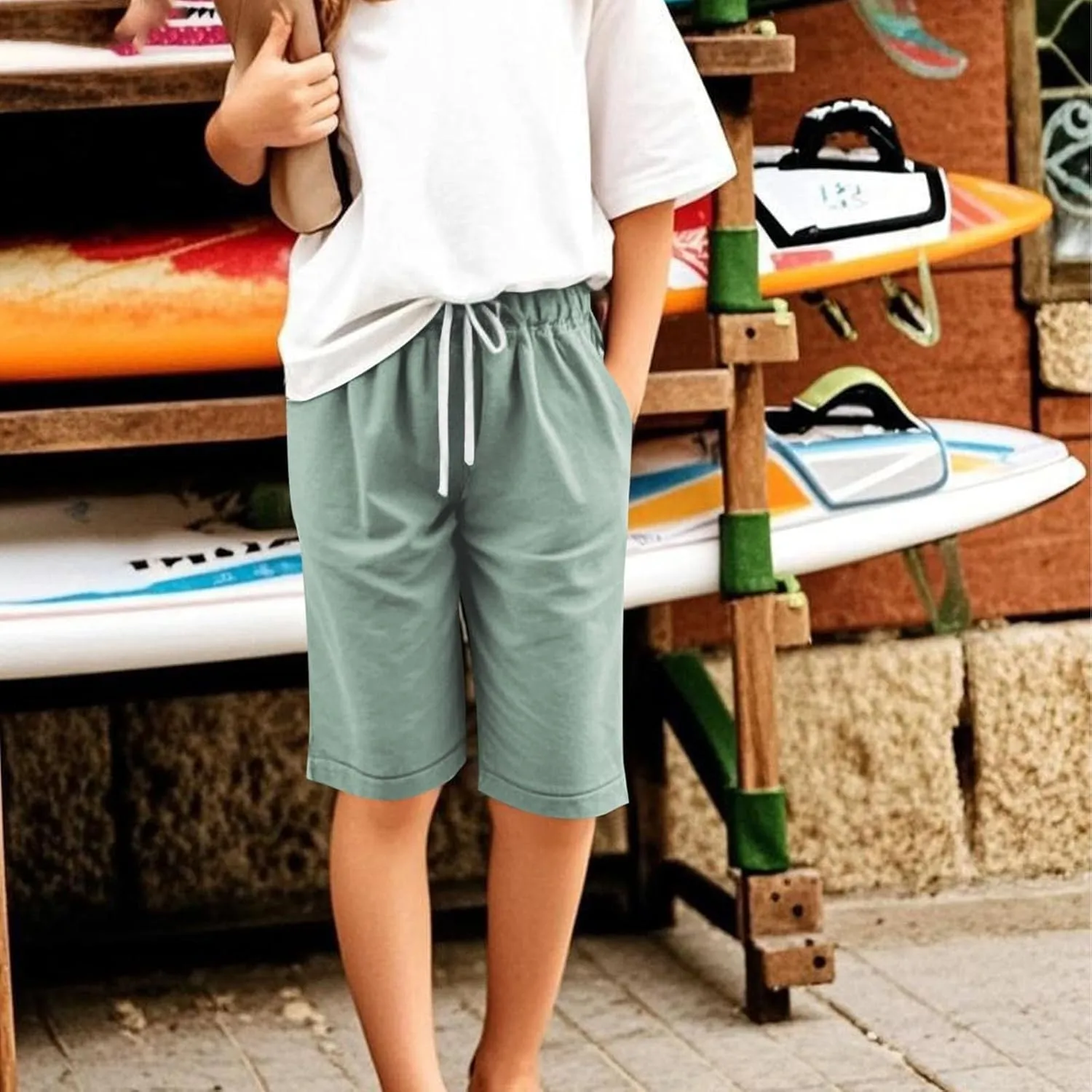 Kids Teens Girls Elastic Waist Knee Length Casual Cotton Shorts with 𝐃rawstring Leisure Joggers Trousers