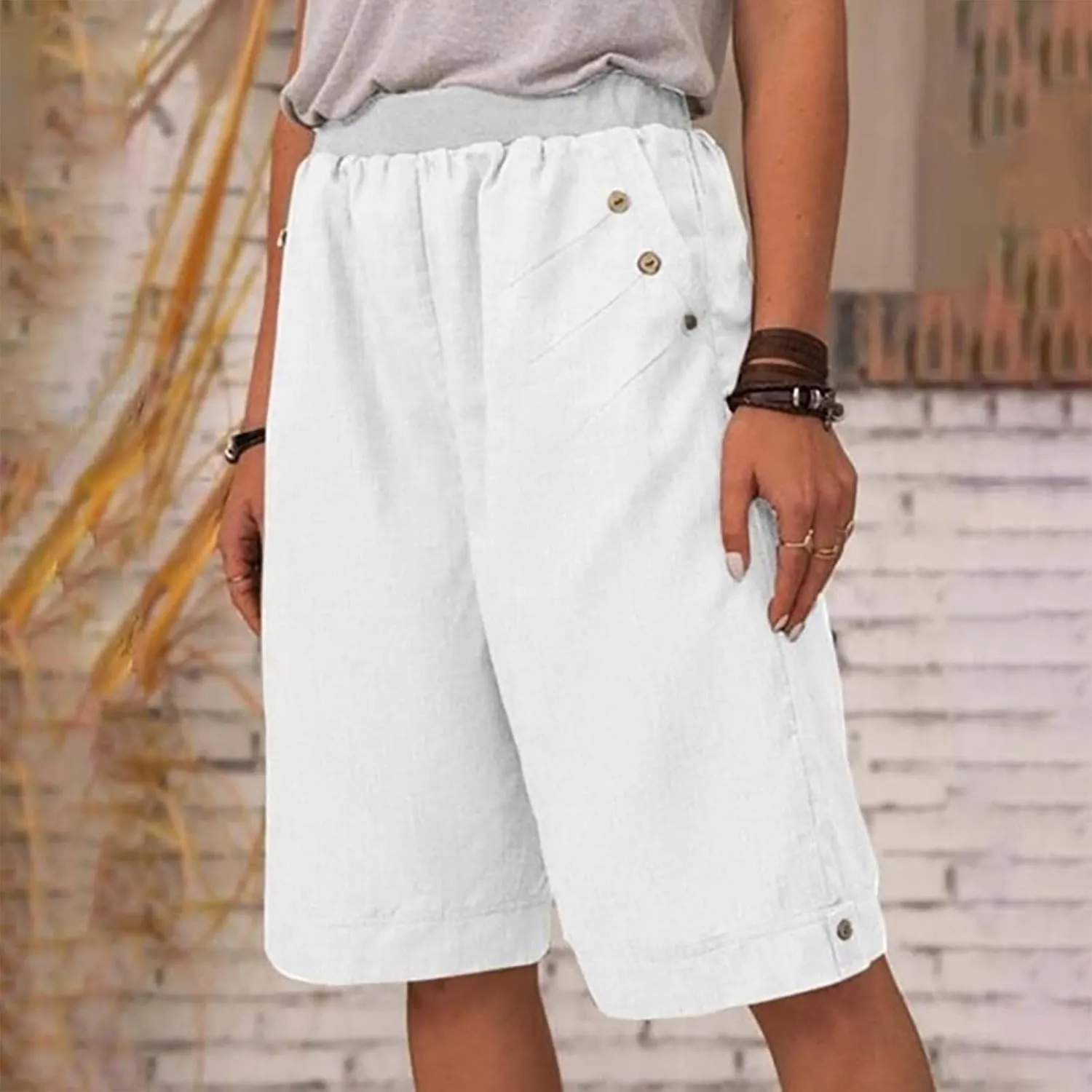 Linen Shorts for Women Summer High Waisted Bermuda Shorts Casual Loose Comfy Lounge Shorts with Pockets
