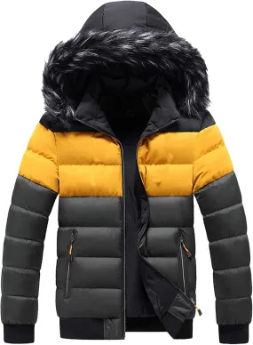 Mens Puffer Jacket with Removable Fur Hooded Bubble Coats with Pockets Lightweight Padded Jackets Patchwork Jacket