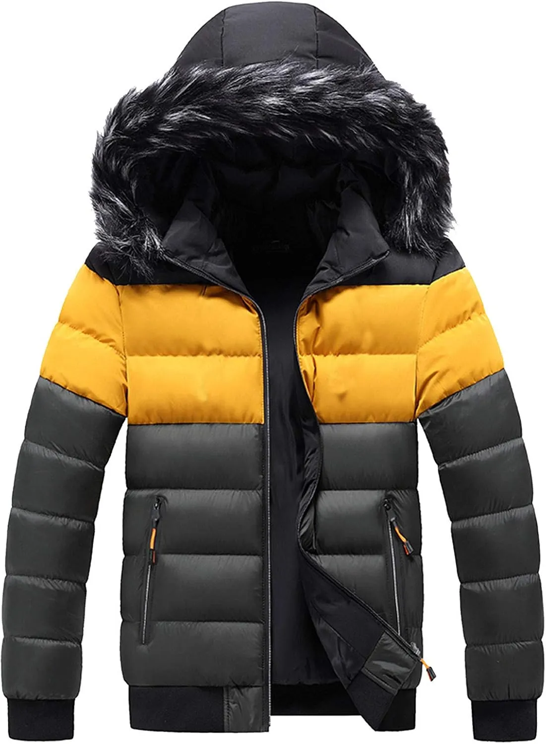 Mens Puffer Jacket with Removable Fur Hooded Bubble Coats with Pockets Lightweight Padded Jackets Patchwork Jacket