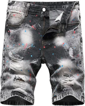 Mens Short Overalls Denim Ripped Denim Shorts Ripped Regular Fit 5-Pocket Jean Work Denim Shorts with Cargo Pockets