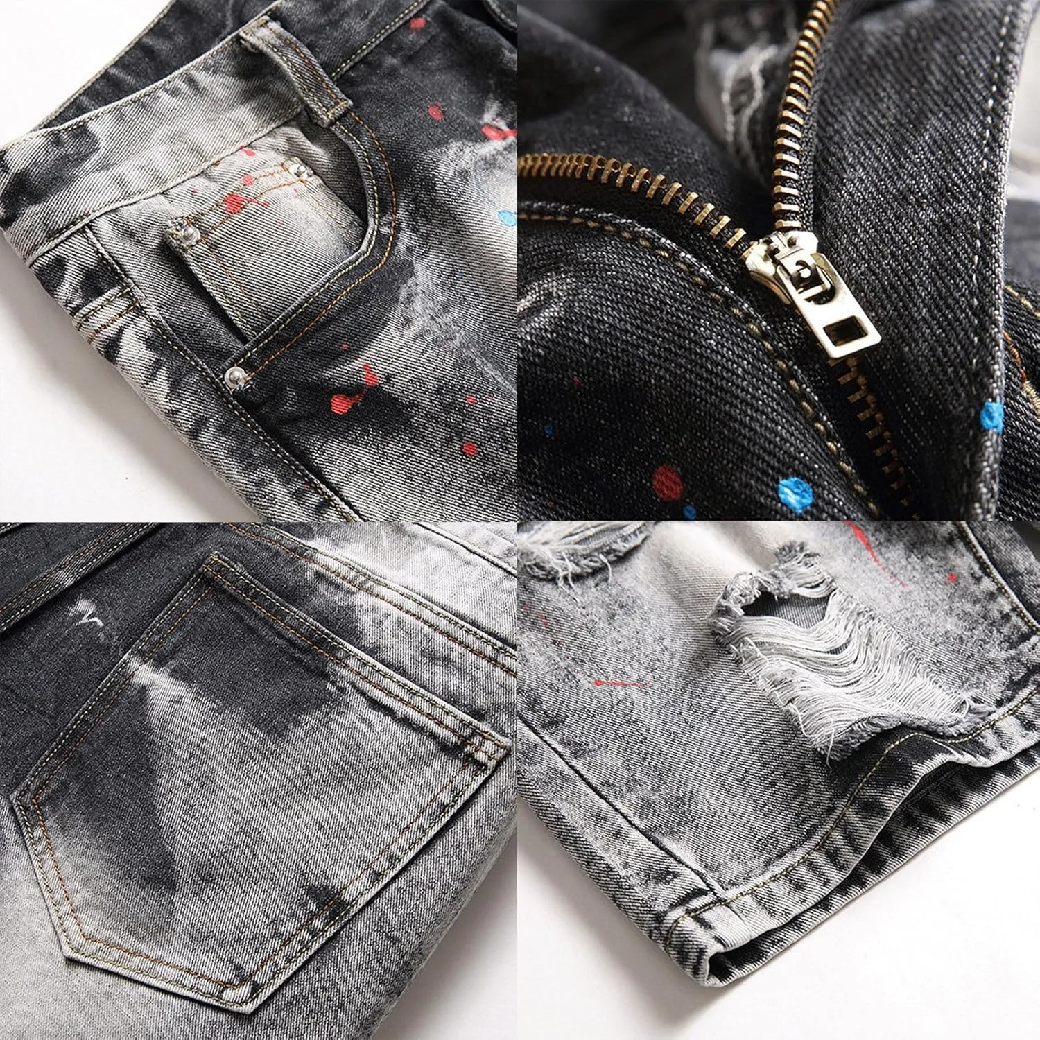 Mens Short Overalls Denim Ripped Denim Shorts Ripped Regular Fit 5-Pocket Jean Work Denim Shorts with Cargo Pockets
