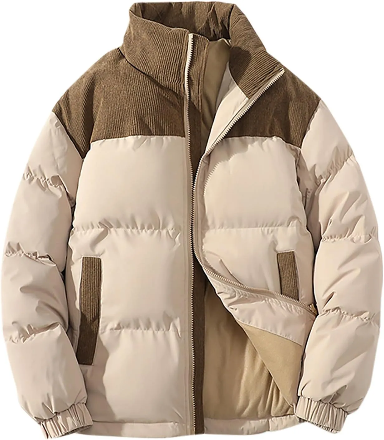 Mens Winter Bomber Jacket Warm Plus Size Puffer Jacket Corduroy Patchwork Coat Windproof Zipper Outwear Down Jacket