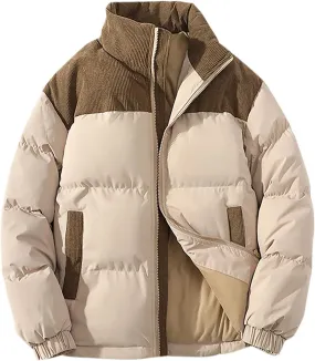 Mens Winter Bomber Jacket Warm Plus Size Puffer Jacket Corduroy Patchwork Coat Windproof Zipper Outwear Down Jacket