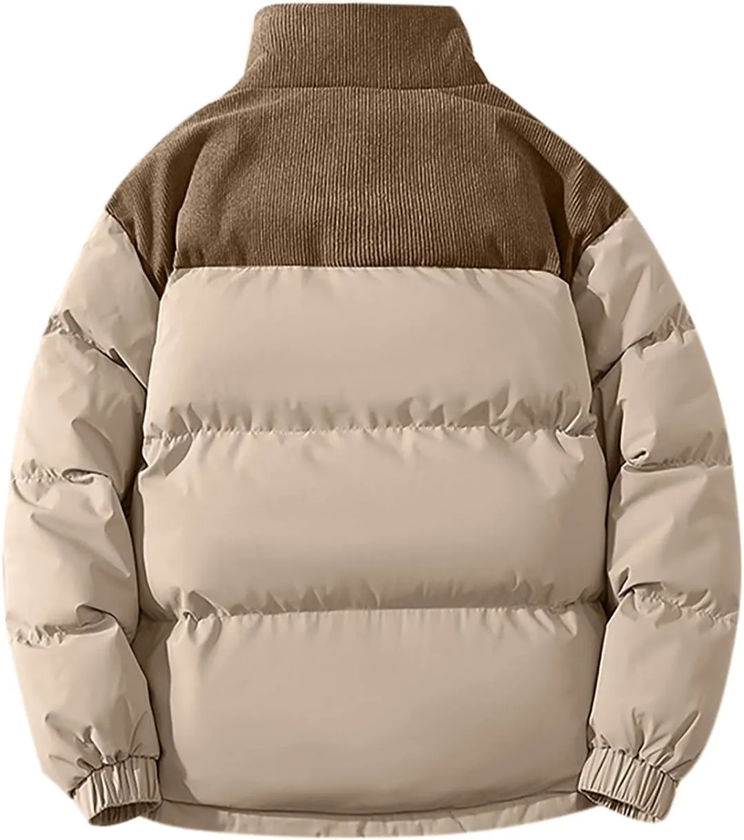 Mens Winter Bomber Jacket Warm Plus Size Puffer Jacket Corduroy Patchwork Coat Windproof Zipper Outwear Down Jacket