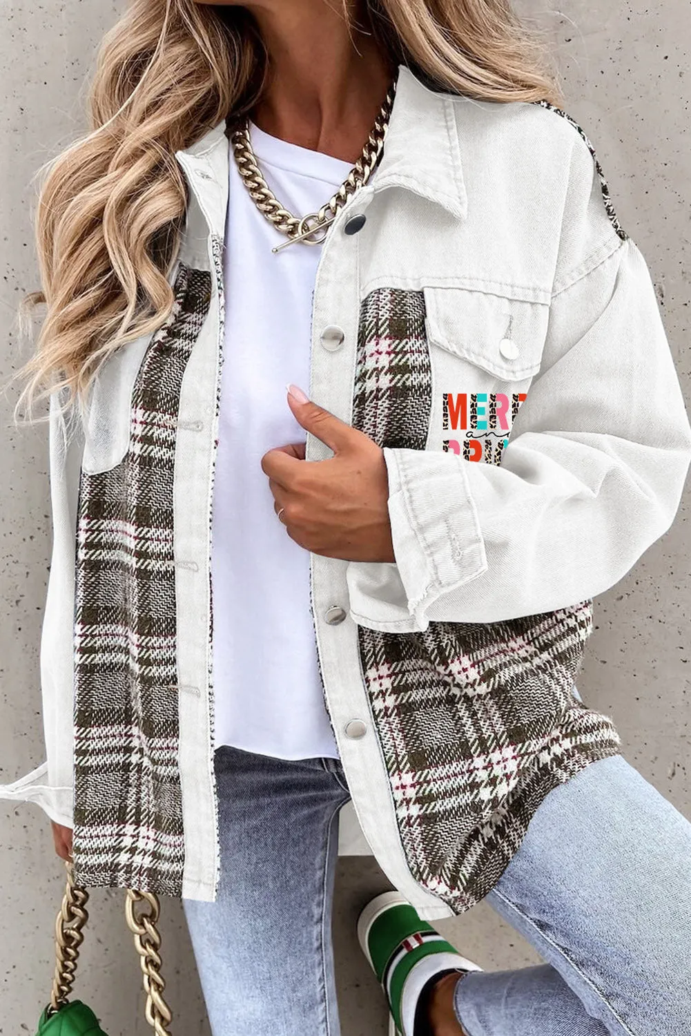 MERRY and BRIGHT Plaid Splicing Denim Jacket